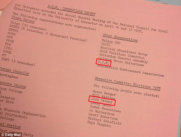 AGM minutes: This page reveals how the PIE was represented at an NCCL AGM at the University of Lancaster. Below the list of organisations present is Jack Dromey's name, after he was re-elected to the executive committee of the NCCL in 1977